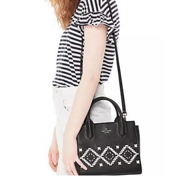 KATE SPADE— Flynn Street Small Meriwether Leather Satchel,  Black/White - Picture 4 of 7